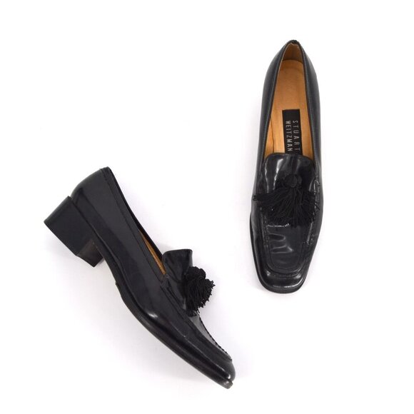 Stuart Weitzman Patent Leather Tassel Loafers Low Heel Slip On Black Women's 7.5 - Picture 1 of 8